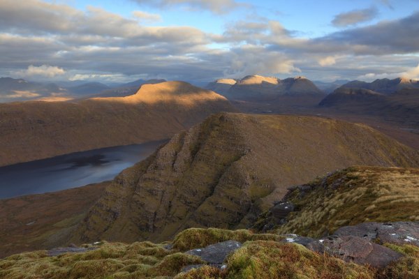 View from the summit of Baosbhein at sunset in the far north west of Scotland