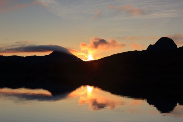Suilven and Canisp reflected in Loch Druim Suardalain during  a stunning autumn sunrise in the far north west of Scotland