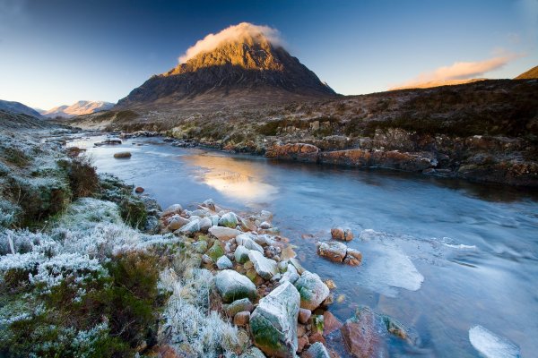 I rose at dawn on a bitterly cold winters morning only to discover that Buichaille Etive Mor was cloaked in a vail of cloud. Within an hour the peak revealed its beauty as the fog lifted and the rock glowed in the soft morning light. The Buichaille is a great mountain to walk up and photograph in the Scottish Highlands.